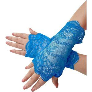 Women's Blue Fingerless Short Lace Gloves Elegant Design Wedding Party Costume